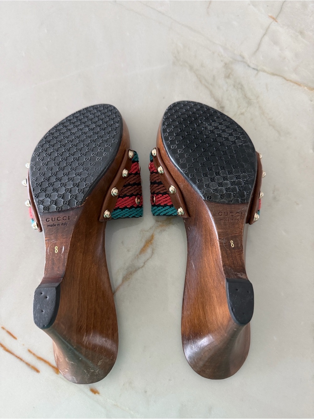 ✨Vintage Gucci Alert! Tom Ford Era Multicolor Studded Wooden Wedge Mules 🪵🎨 - Picture 3 of 8
